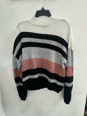 Cozy Striped Mock Neck Sweater - Black, Gray & Rose